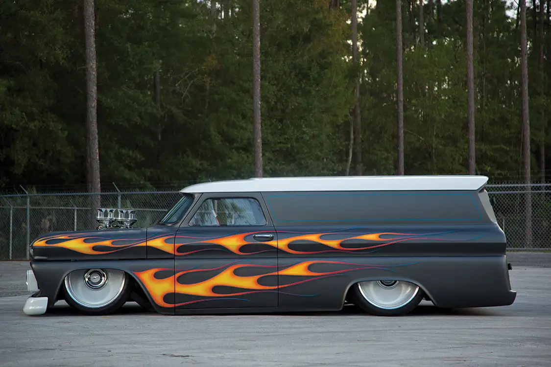 1964 Chevy Carryall Hot-rod-themed with dark gray satin paint and classic flames