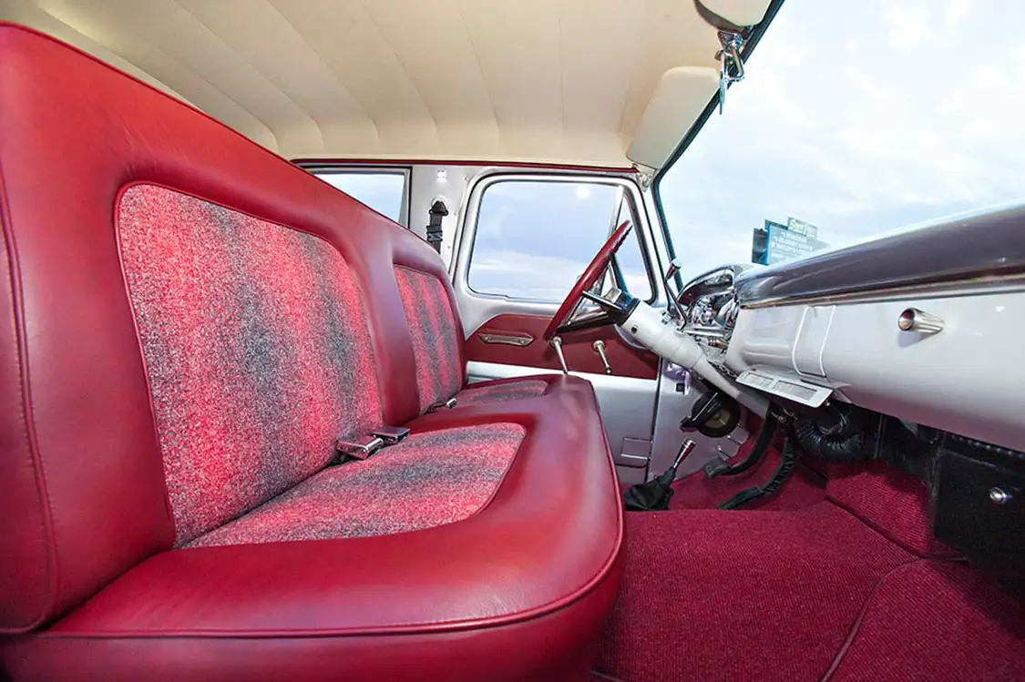 Stock bench seats rebuilt and reupholstered burgundy leather